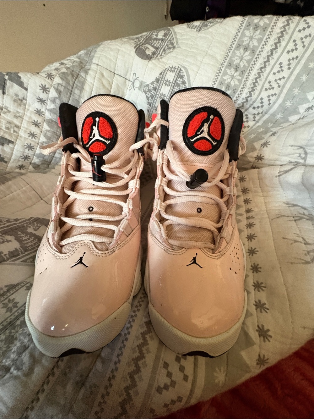 Jordan Kids Glossy Light Pink and Black Basketball Sneakers with Red Jumpman